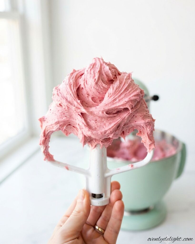 Creamy homemade raspberry buttercream frosting made with fresh raspberries and whipped until light and fluffy.
