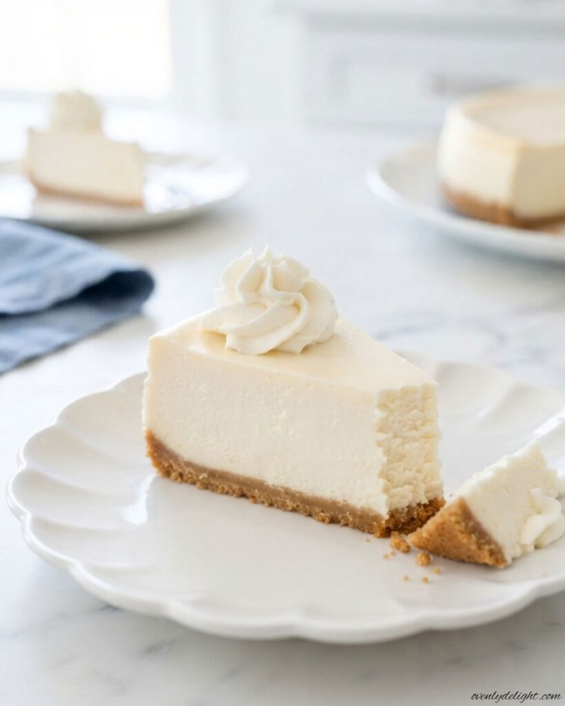 Creamy no-bake cheesecake with a buttery graham cracker crust and whipped cream topping.