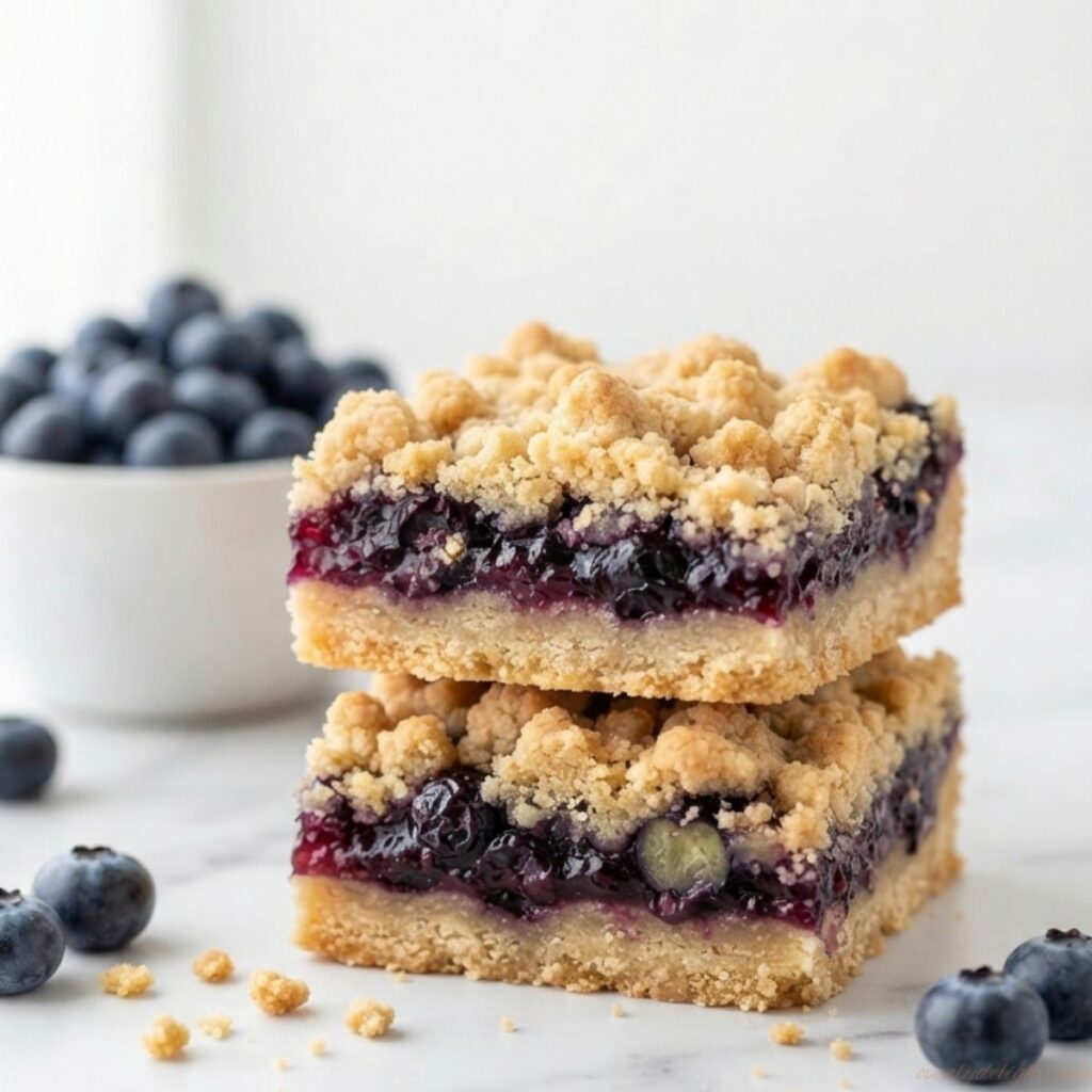 Easy Blueberry Crumble Bars with crisp crumble topping and jammy blueberry layer.
