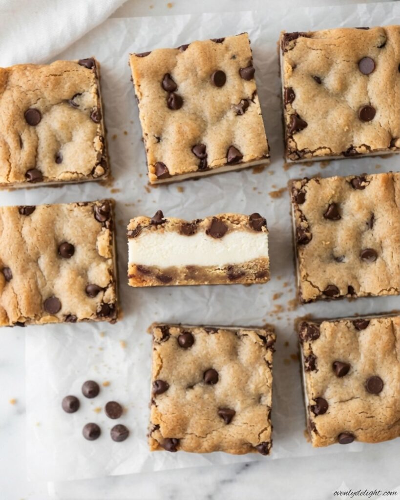 Easy Chocolate Chip Cheesecake Bars with rich cheesecake filling and soft cookie topping