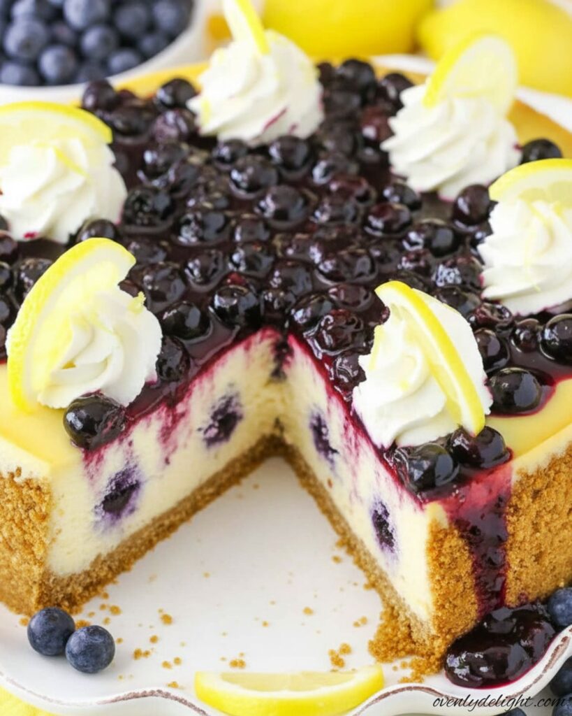Easy Lemon Blueberry Cheesecake on a graham cracker crust with fresh blueberry sauce.
