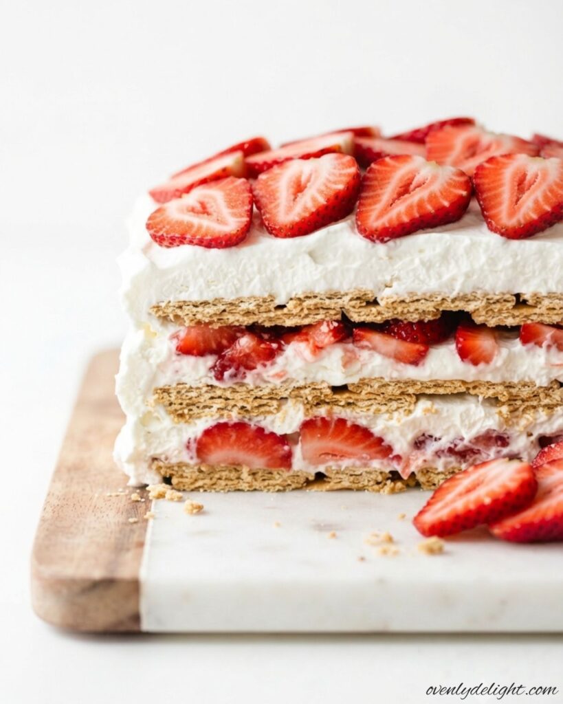Easy Strawberry Icebox Cake made with fresh strawberries, creamy whipped filling, and graham crackers in delicious no-bake layers.