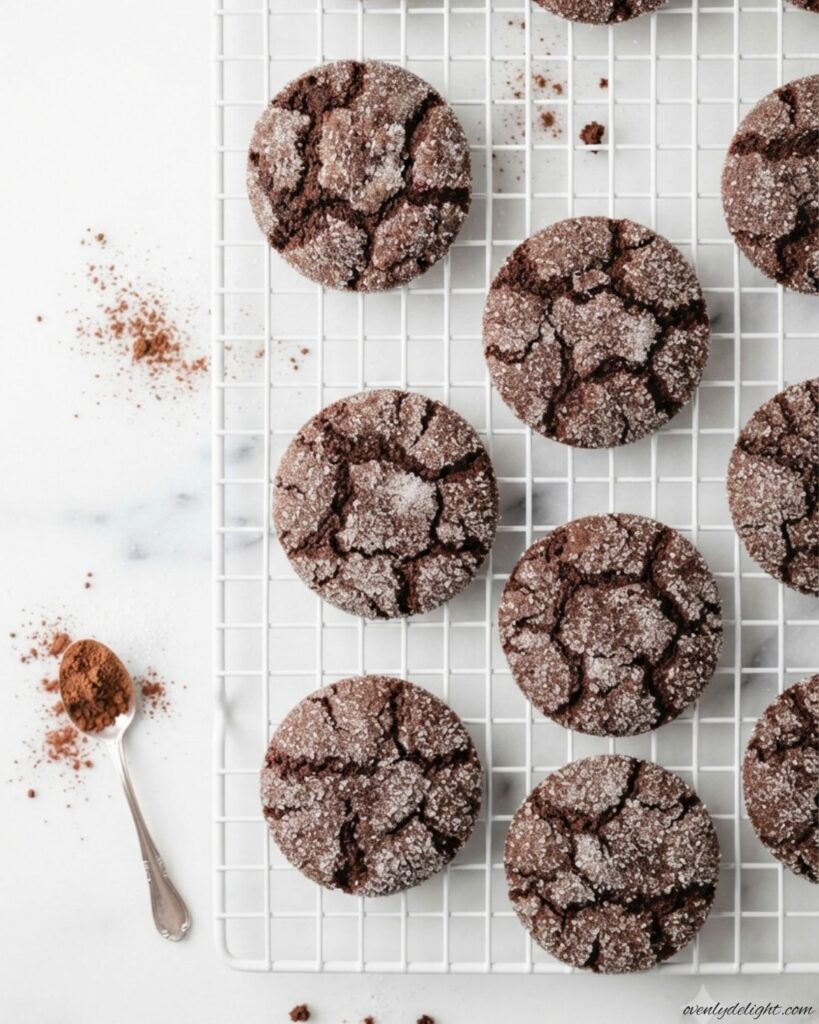 Easy chocolate sugar cookies made with cocoa powder and coated in sugar before baking