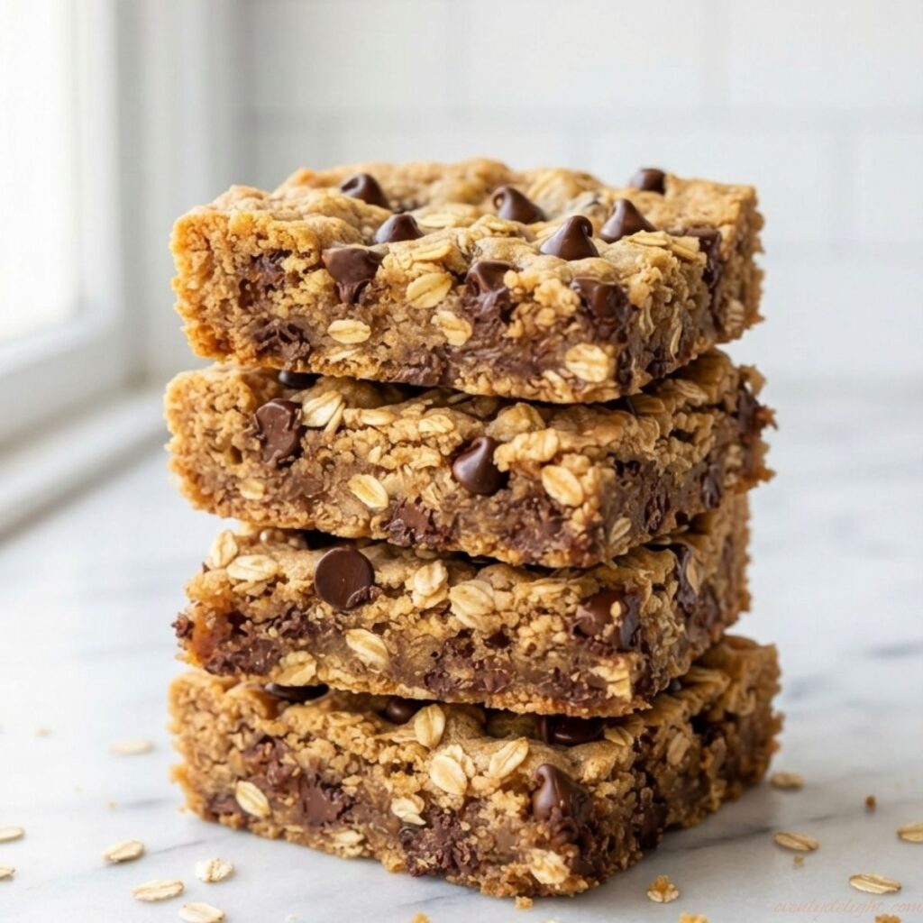 Easy one-bowl oatmeal chocolate chip cookie bars with soft centers and plenty of chocolate chips