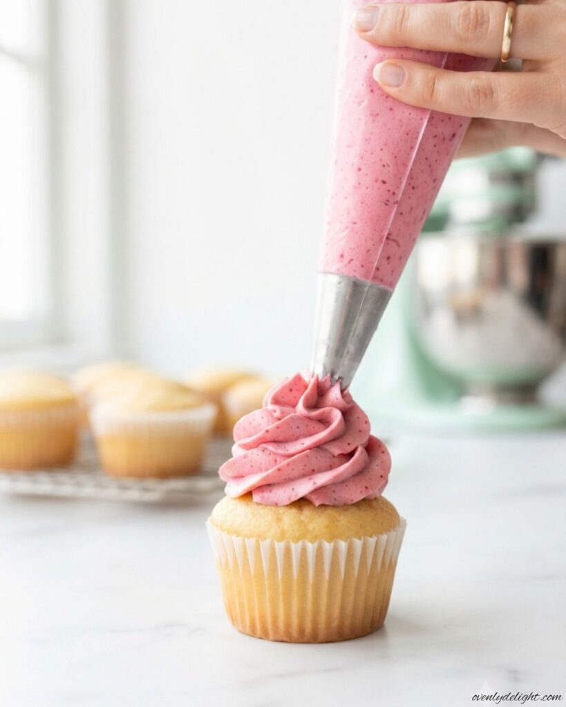 Easy raspberry buttercream frosting recipe made with butter, powdered sugar, and fresh raspberry puree.
