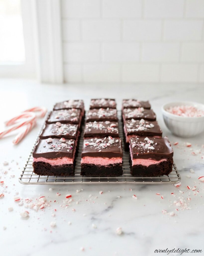 Festive Candy Cane Brownies featuring chewy chocolate brownies and crushed peppermint topping.
