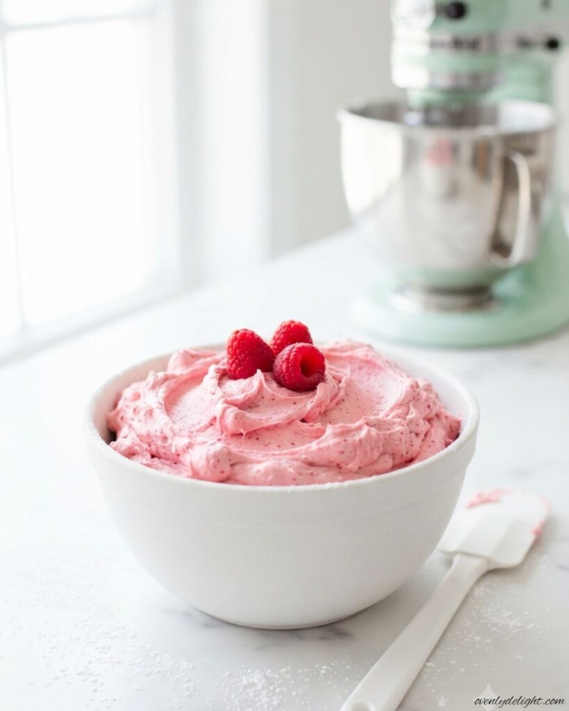 Fluffy raspberry buttercream frosting swirled on cupcakes for a fruity homemade dessert.