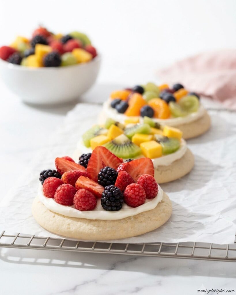 Fresh Mini Fruit Pizzas made with tender sugar cookies, creamy frosting, and vibrant fruit for a fun summer treat.