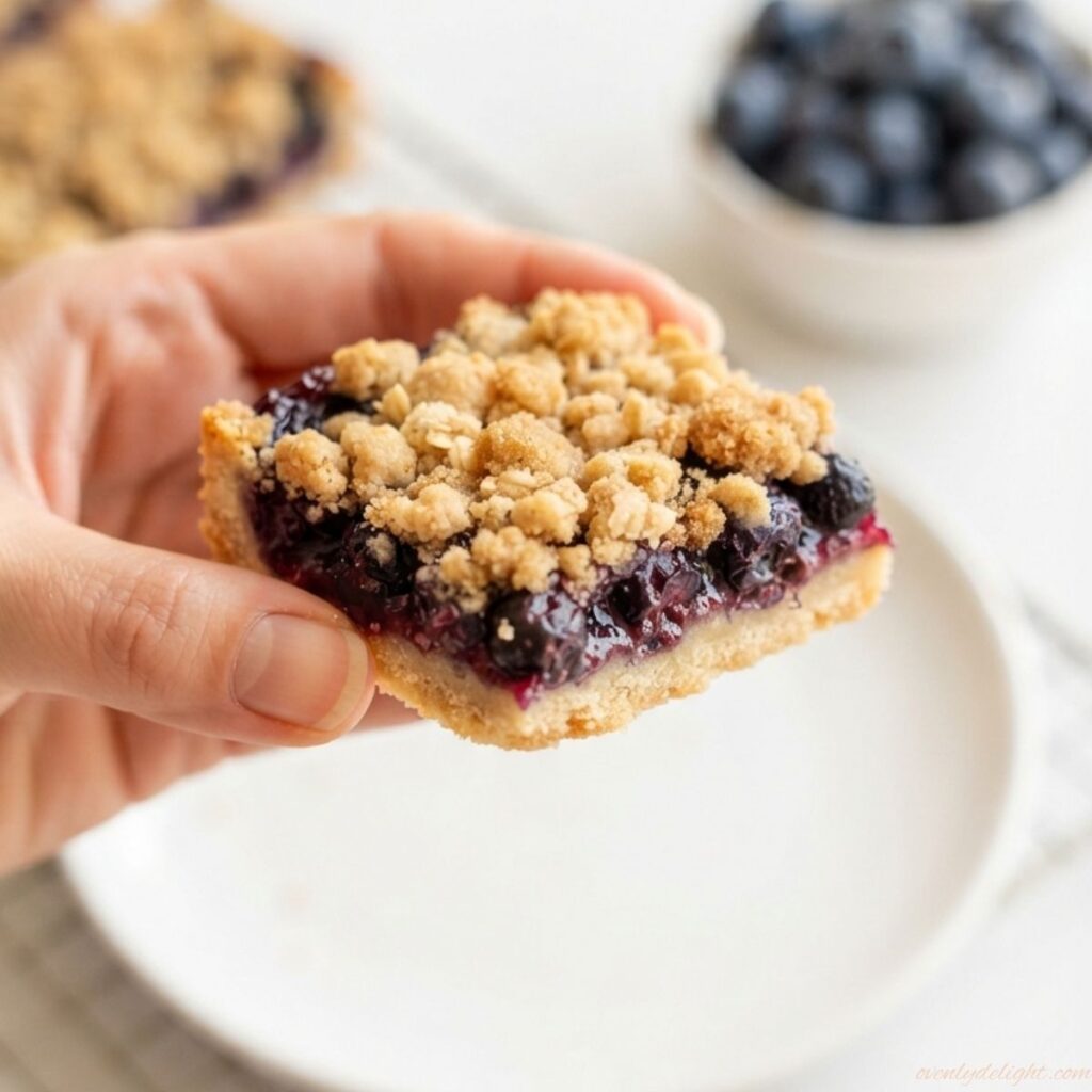 Freshly baked Blueberry Crumble Bars featuring a buttery crust and sweet blueberry filling.