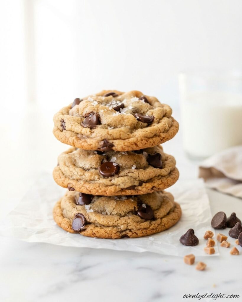 Freshly baked Brown Butter Toffee Chocolate Chip Cookies featuring golden edges, soft centers, and sweet toffee pieces.