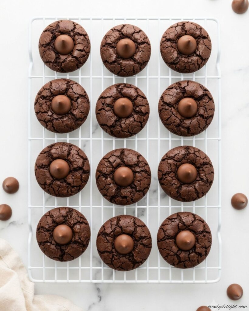 Freshly baked Chocolate Blossom Cookies with deep chocolate flavor and a chocolate kiss for an irresistible dessert.