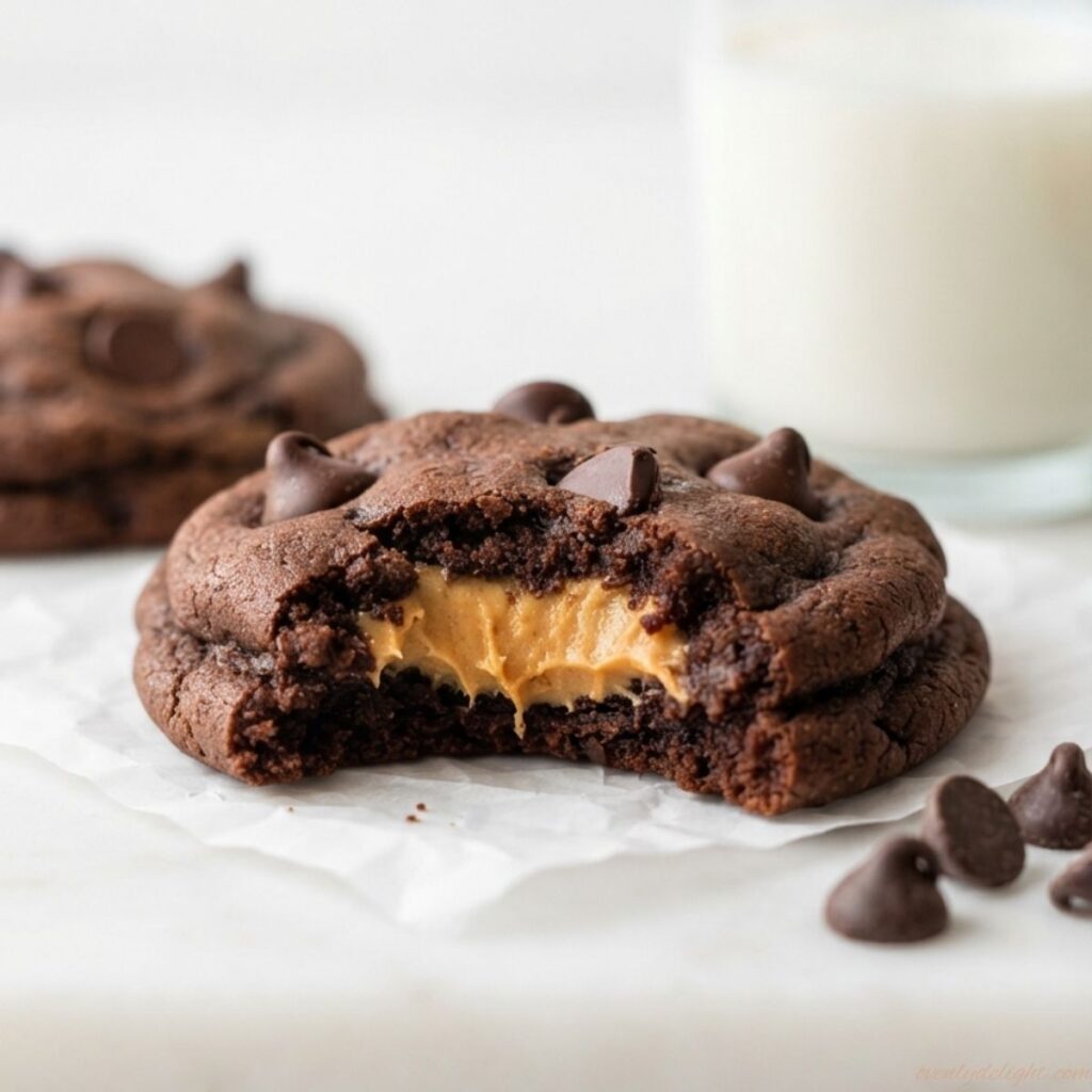 Freshly baked Reese's Double Chocolate Cookies with melty chocolate chips and peanut butter cups.
