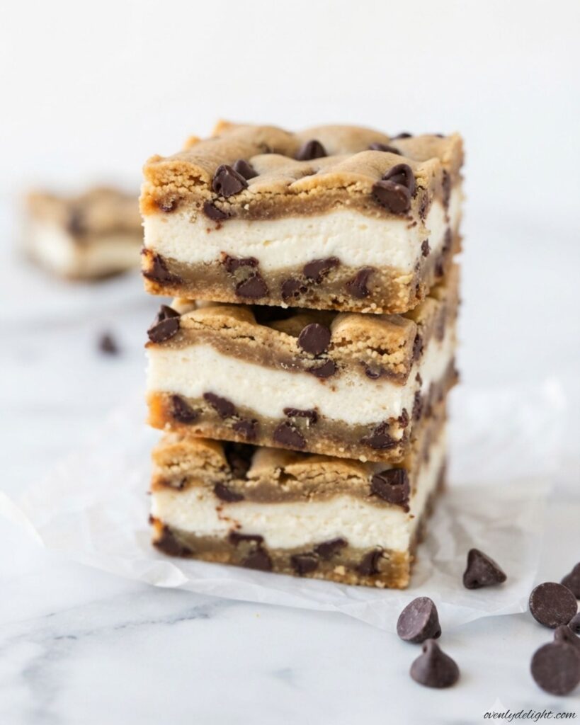 Freshly baked cheesecake bars with chocolate chip cookie layer and golden crust