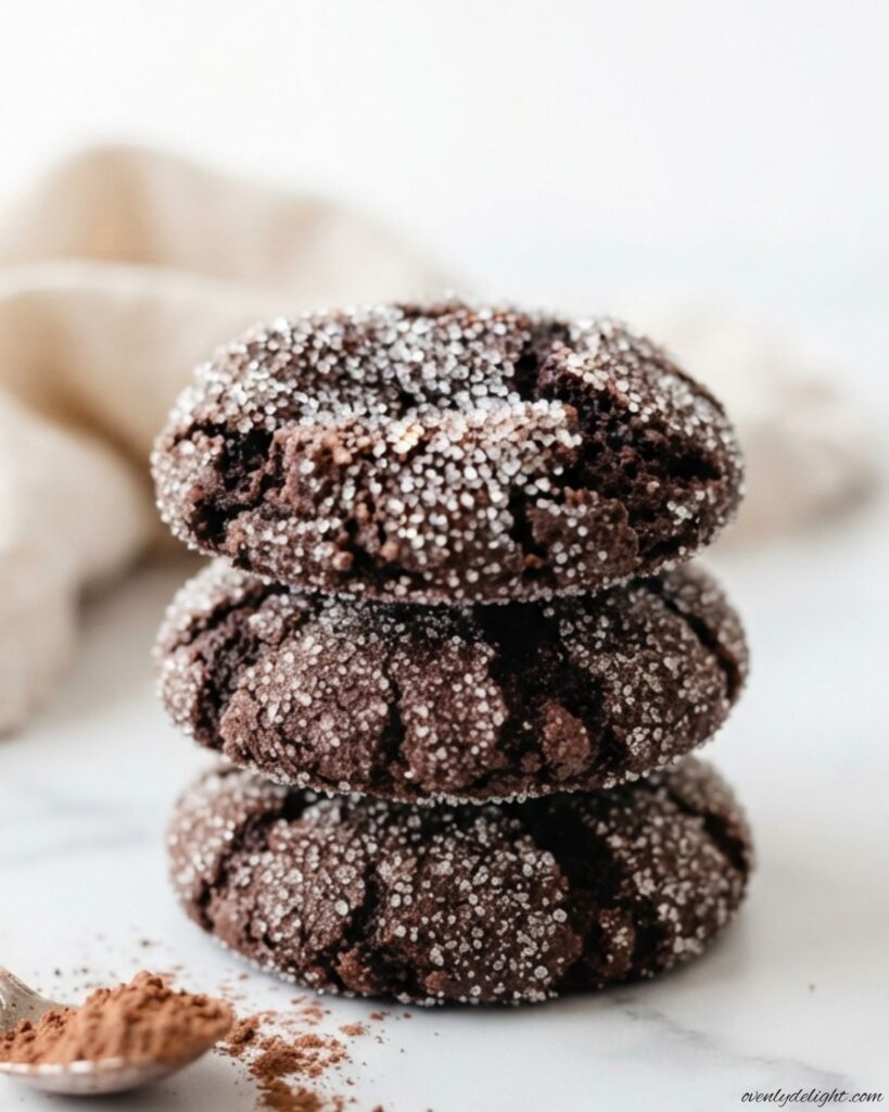 Freshly baked chocolate sugar cookies with crisp edges and a chocolatey center