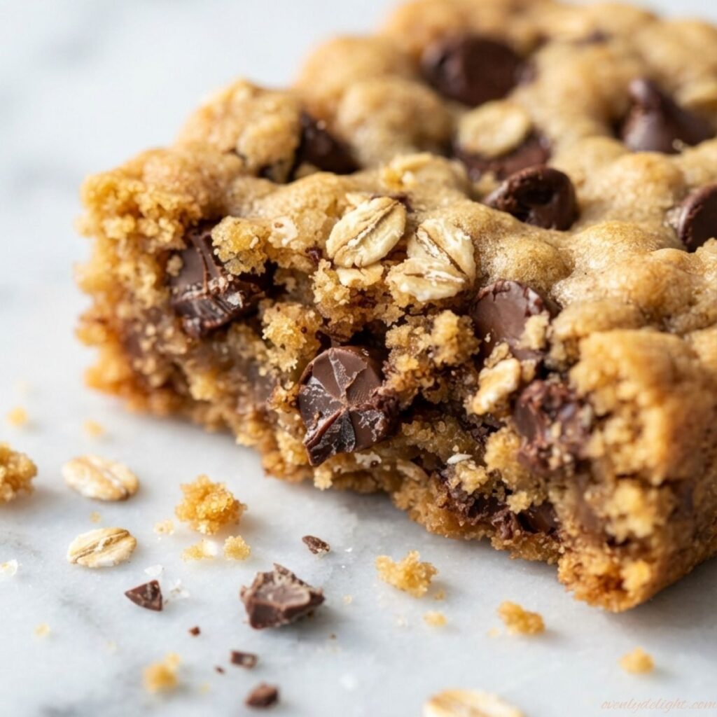 Freshly baked oatmeal cookie bars with old-fashioned oats and gooey chocolate chips on a baking tray