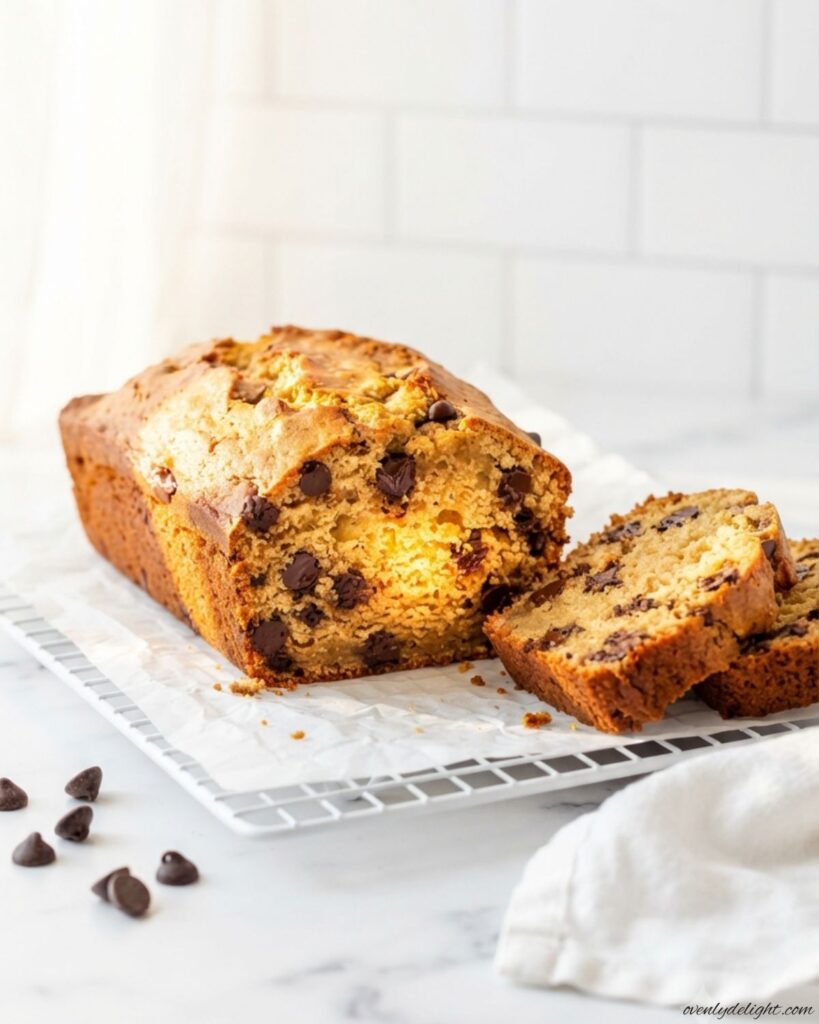 Freshly baked peanut butter chocolate chip bread loaded with chocolate chips and served as a dessert