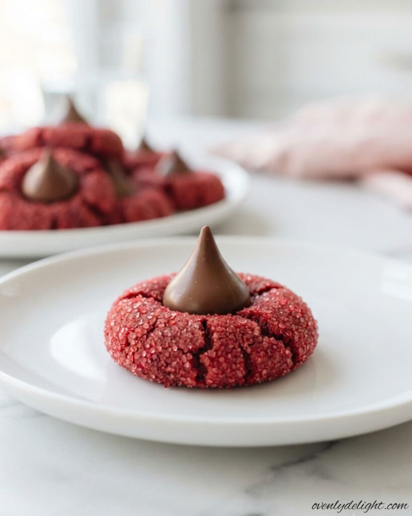 Freshly baked red velvet kiss cookies with a vibrant red color and chocolate center