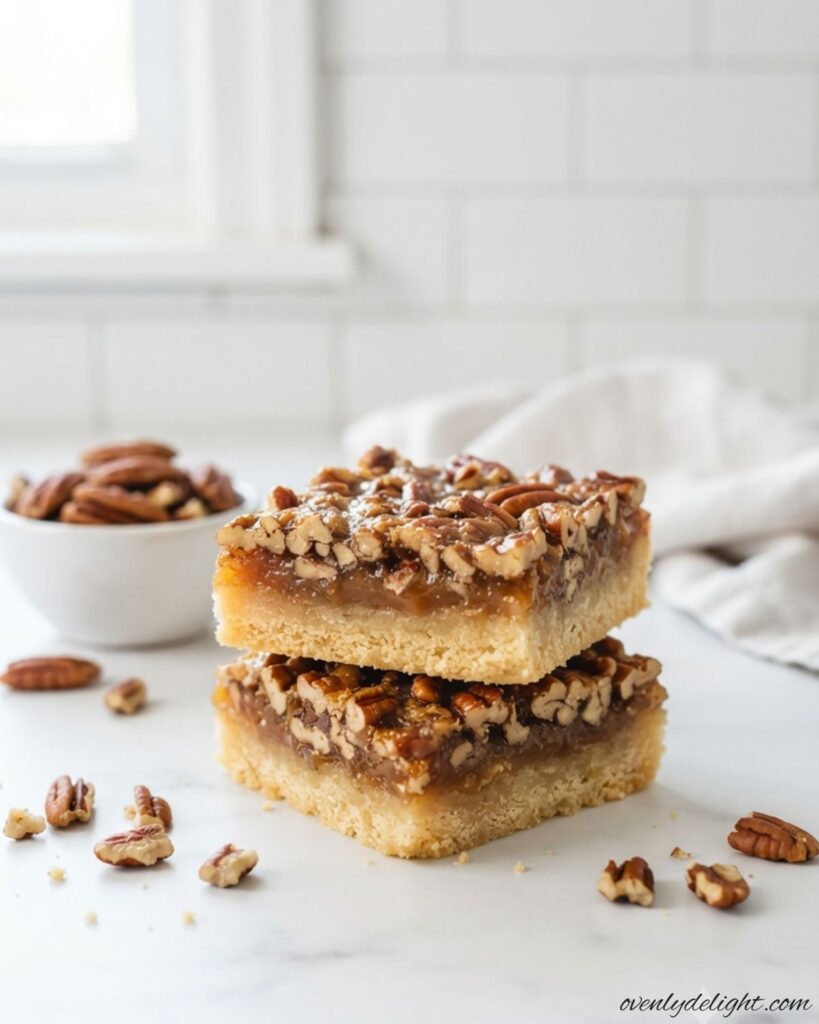 Golden maple pecan bars topped with crunchy toasted pecans and sliced into dessert squares.