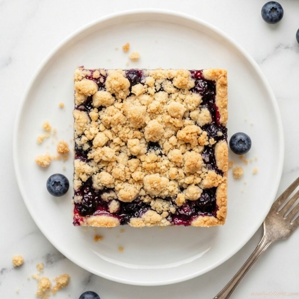 Homemade Blueberry Crumble Bars with golden crumble topping on a white serving plate.
