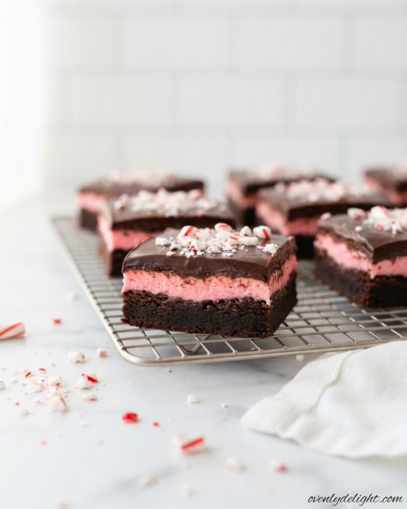 Homemade Candy Cane Brownies with rich chocolate, peppermint frosting, and candy cane pieces.