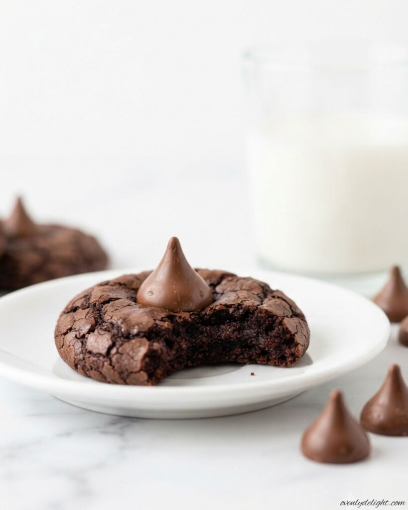 Homemade Chocolate Blossom Cookies with rich cocoa flavor and a chocolate kiss pressed into the center.