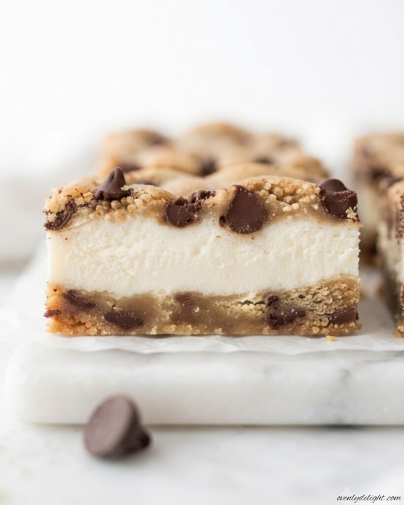 Homemade Chocolate Chip Cheesecake Bars topped with chocolate chip cookie dough layer on a baking tray