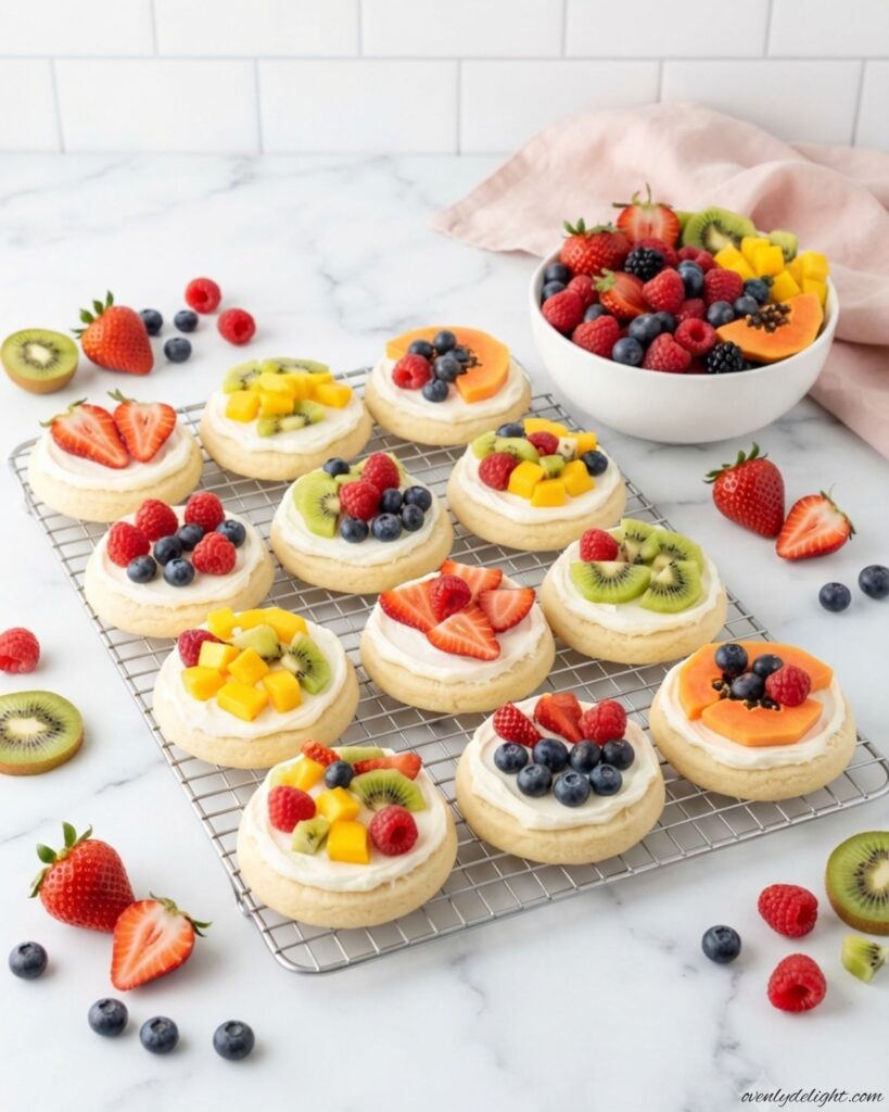 Homemade Mini Fruit Pizzas featuring sugar cookie crusts, cream cheese frosting, and assorted fresh fruit.