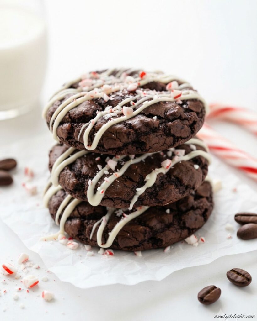 Homemade Peppermint Mocha Cookies decorated with white chocolate drizzle
