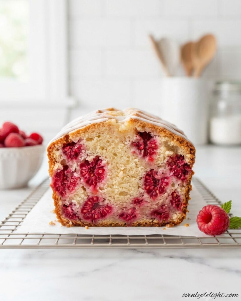 Homemade Raspberry Bread with fresh raspberries, a soft moist crumb, and golden crust
