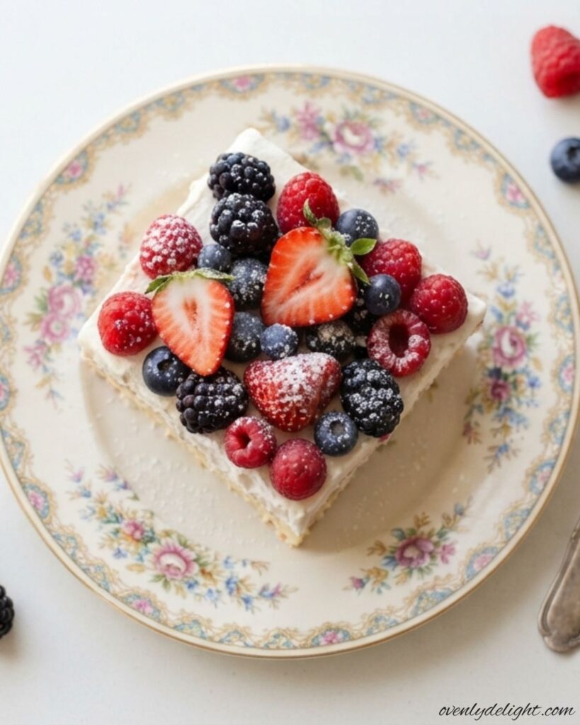 Homemade berries and cream sheet cake with fluffy whipped topping, strawberries, blueberries, and raspberries.