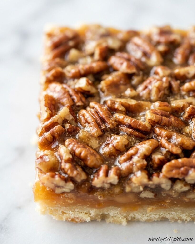 Homemade maple pecan bars with a buttery shortbread crust and rich maple pecan filling.