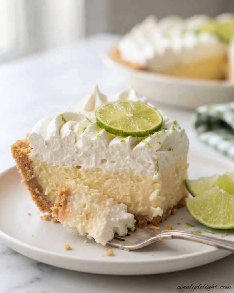 Homemade no bake key lime pie topped with whipped cream and fresh lime zest.