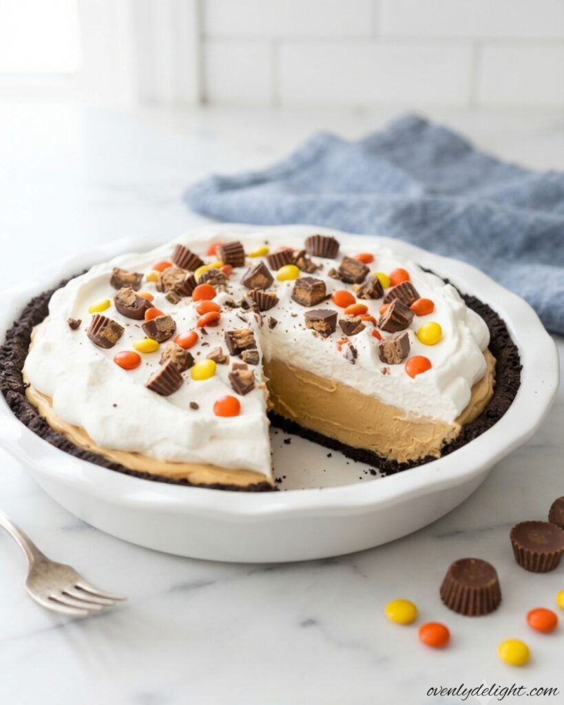 Homemade no-bake peanut butter pie with a crunchy Oreo crust and smooth peanut butter filling.