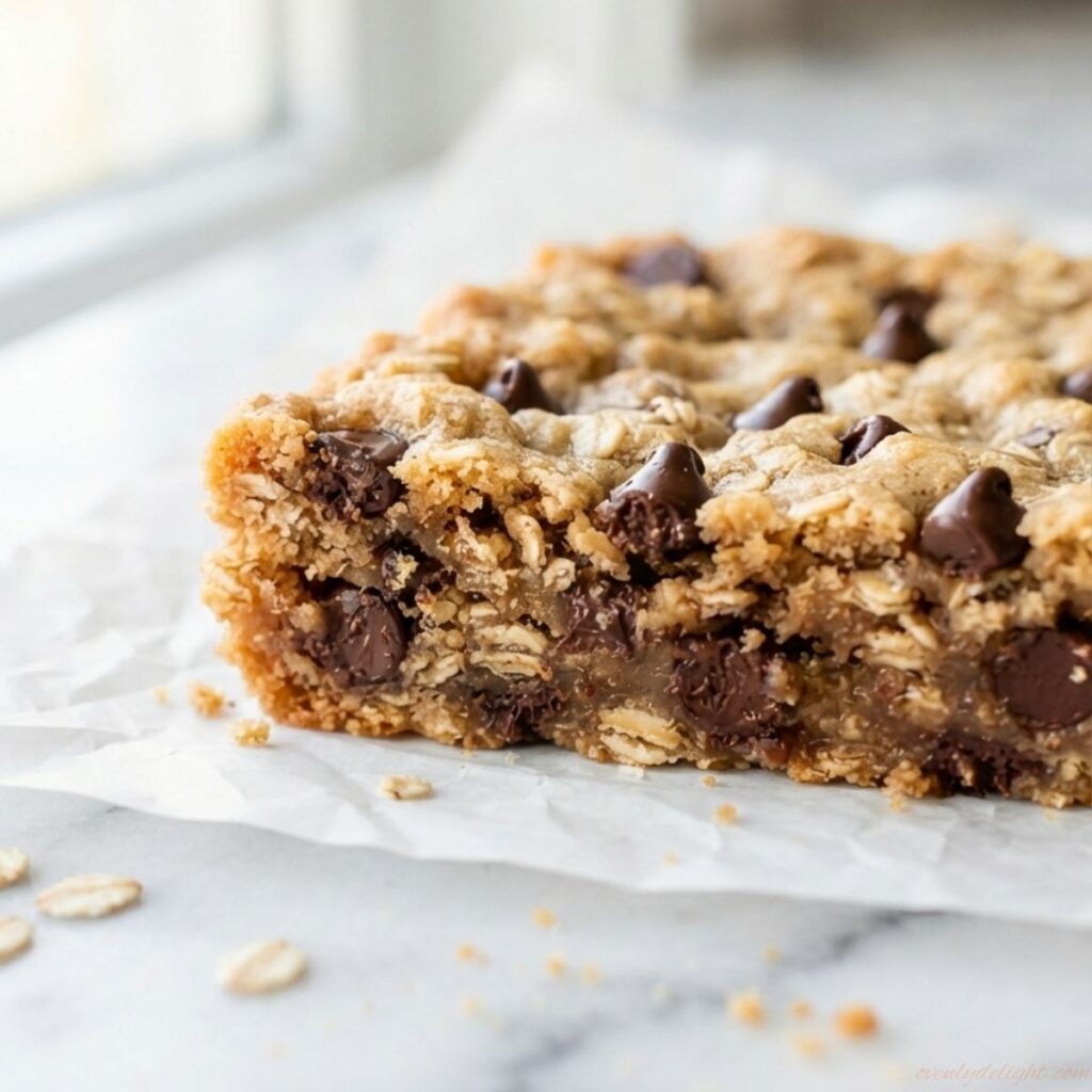 Homemade oatmeal chocolate chip cookie bars cut into squares with chewy oats and rich chocolate chips