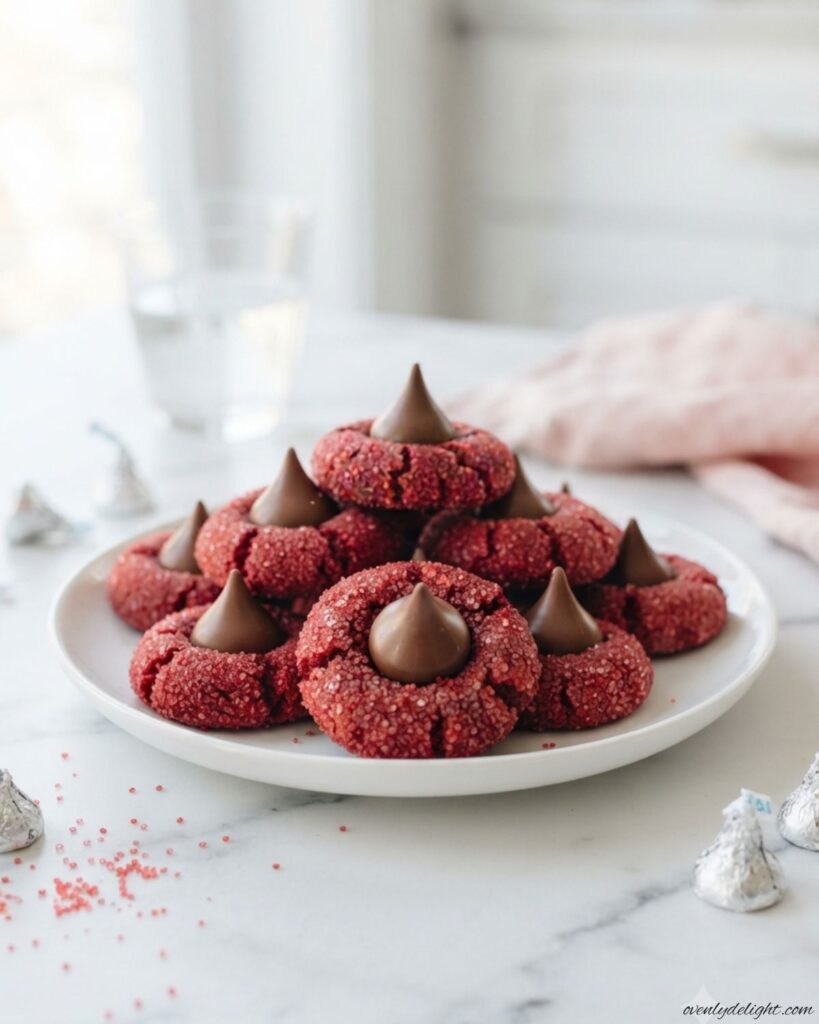 Homemade red velvet blossom cookies with a chocolate kiss center and soft chewy cookie texture
