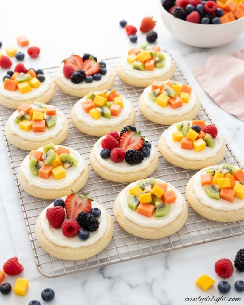 Mini Fruit Pizzas topped with creamy frosting and fresh berries on soft sugar cookies for a colorful dessert.