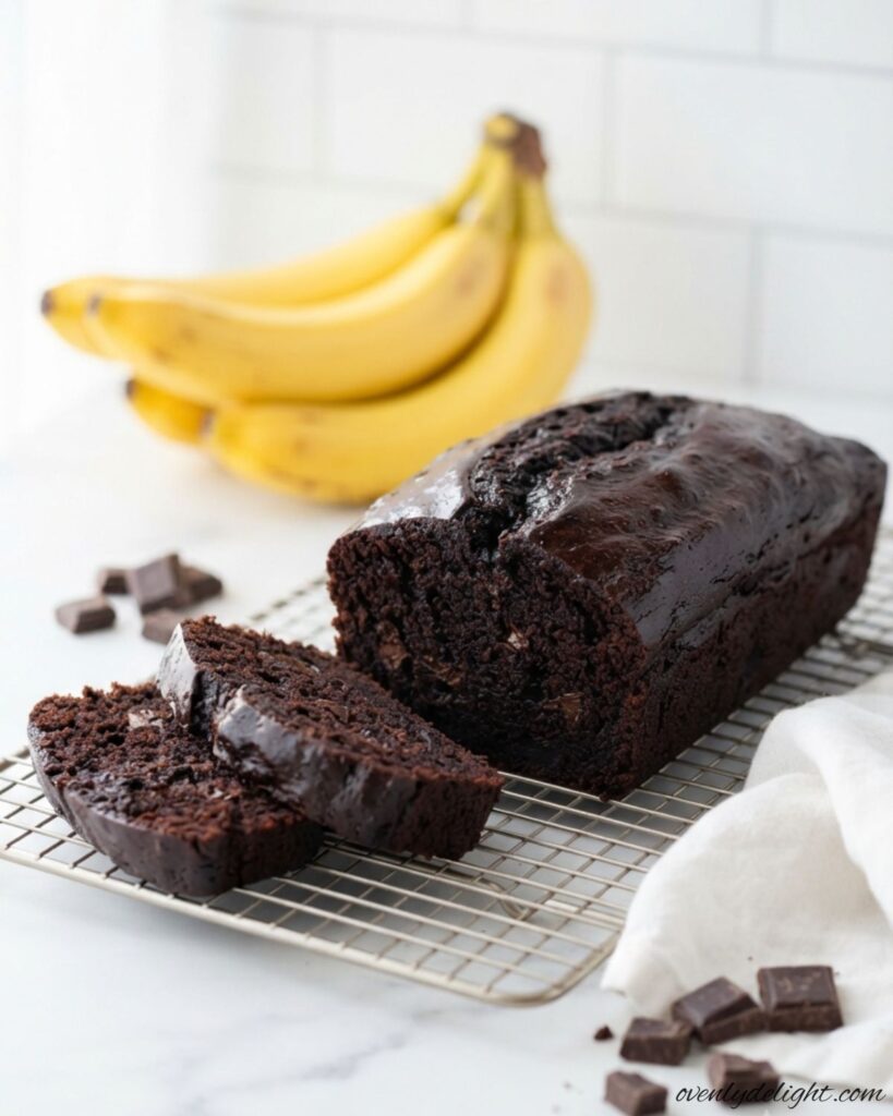 Moist Double Chocolate Banana Bread sliced on a wooden cutting board