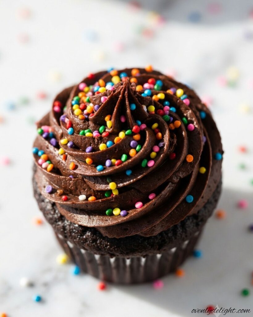 Moist Double Chocolate Cupcakes topped with rich chocolate buttercream and chocolate shavings.