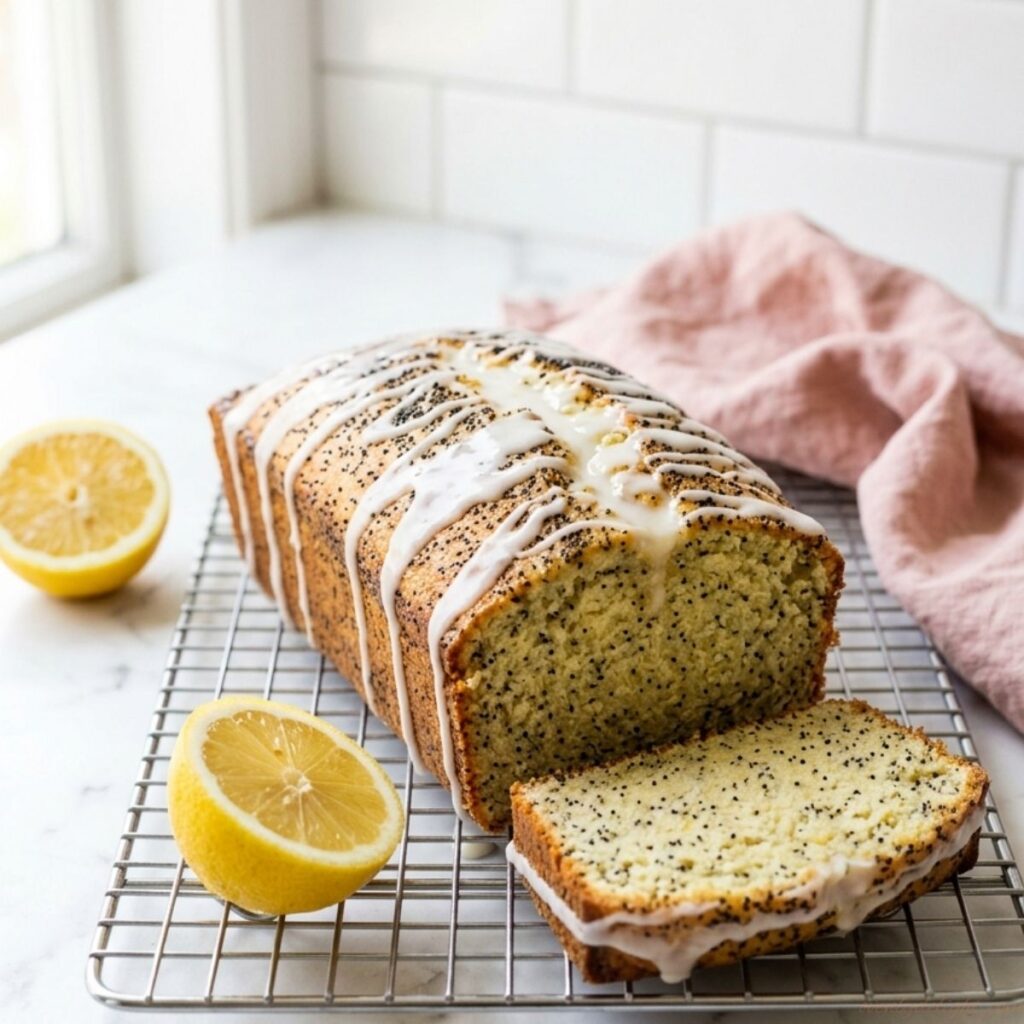 Moist lemon poppy seed bread drizzled with lemon glaze and garnished with fresh lemon zest.