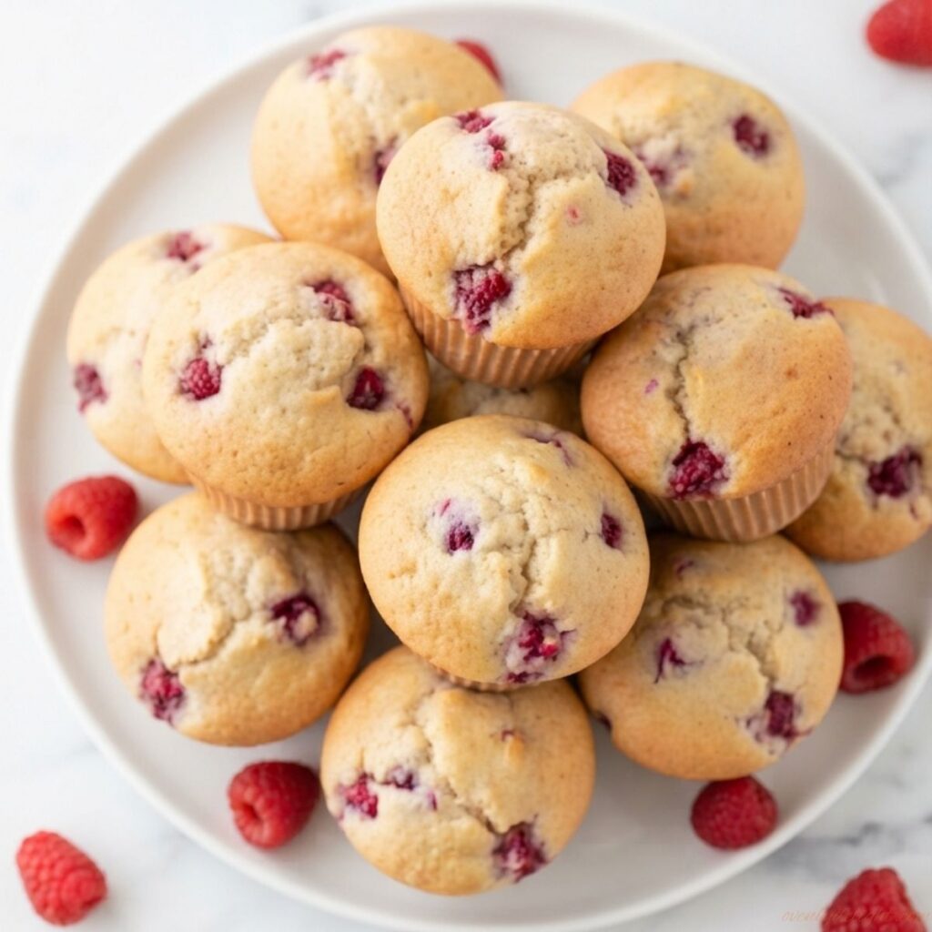 Moist raspberry muffins filled with juicy berries and buttery crumb