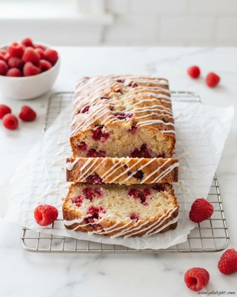 Moist raspberry quick bread made with fresh raspberries and simple pantry ingredients