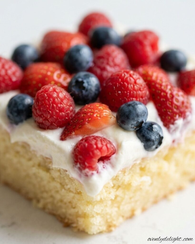Moist vanilla sheet cake layered with light whipped cream and colorful fresh summer berries.