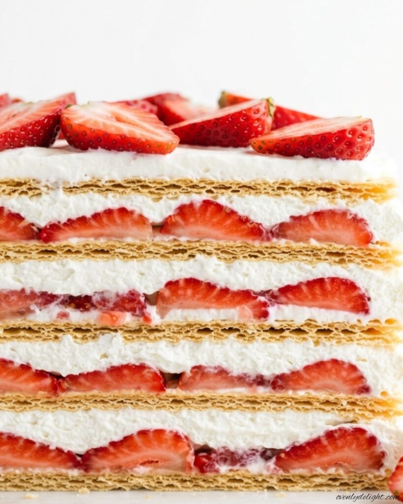 No-bake Strawberry Icebox Cake featuring fresh strawberries, fluffy whipped cream, and tender graham cracker layers.
