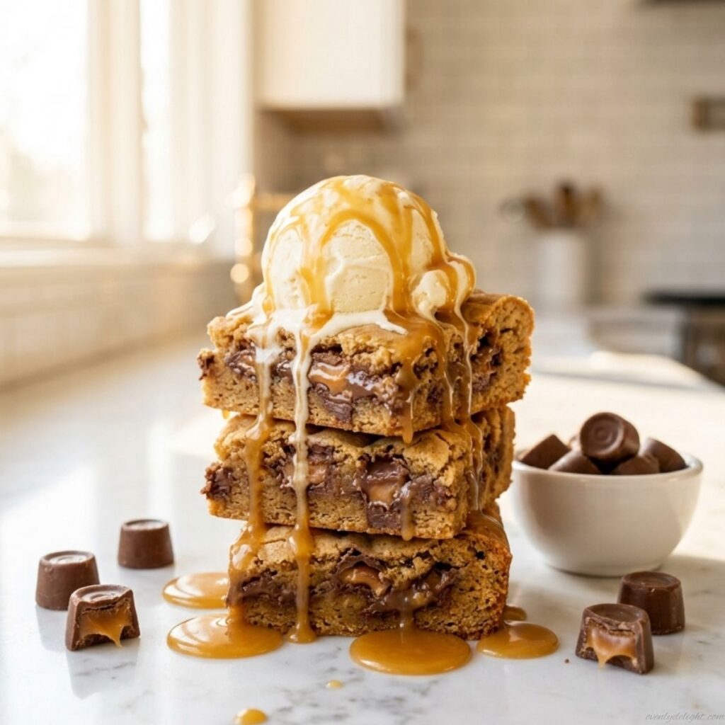 Peanut Butter Caramel Blondies topped with melted caramel and peanut butter drizzle.
