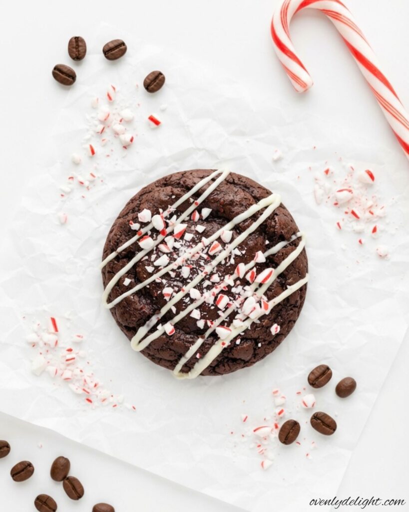 Peppermint Mocha Cookies topped with white chocolate and crushed candy canes