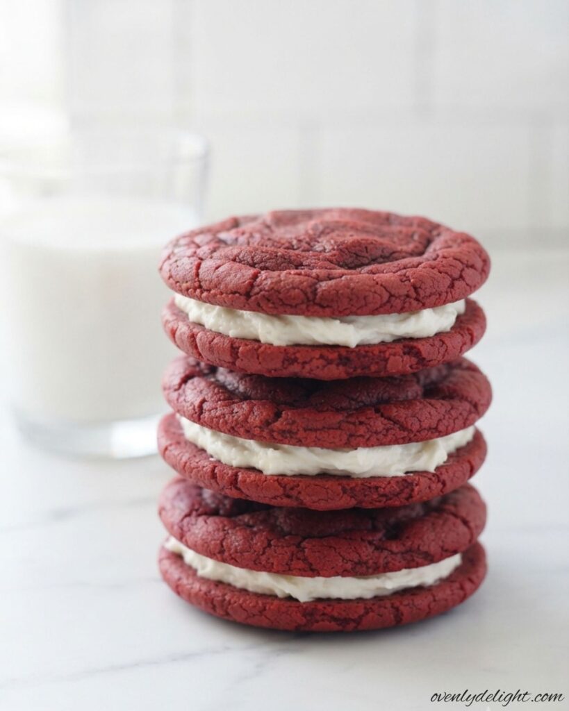 Red Velvet Sandwich Cookies filled with smooth cream cheese frosting