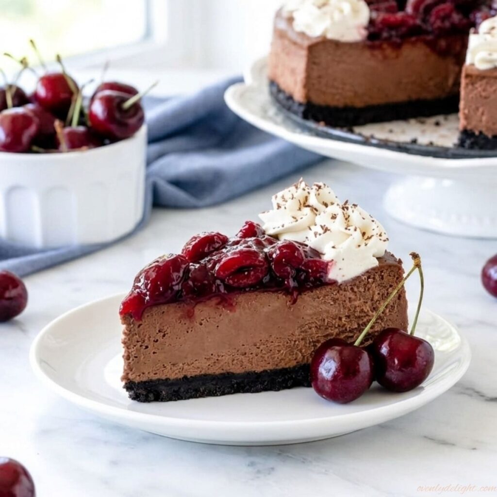 Slice of Black Forest cheesecake with chocolate Oreo crust