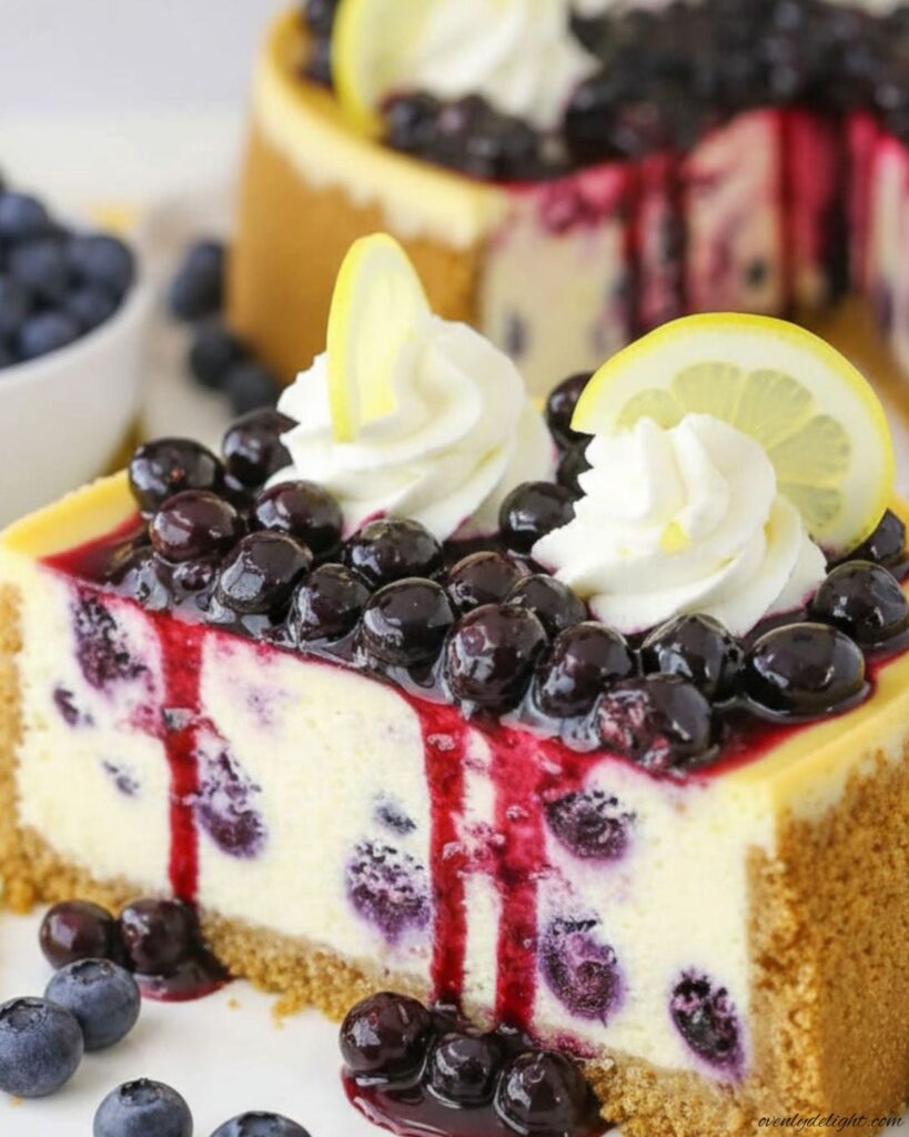 Slice of Lemon Blueberry Cheesecake with a buttery graham cracker crust.