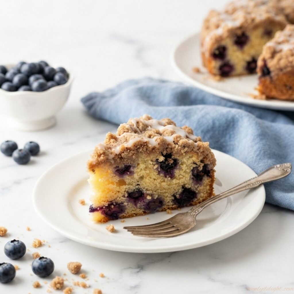 Slice of blueberry coffee cake with sweet vanilla glaze