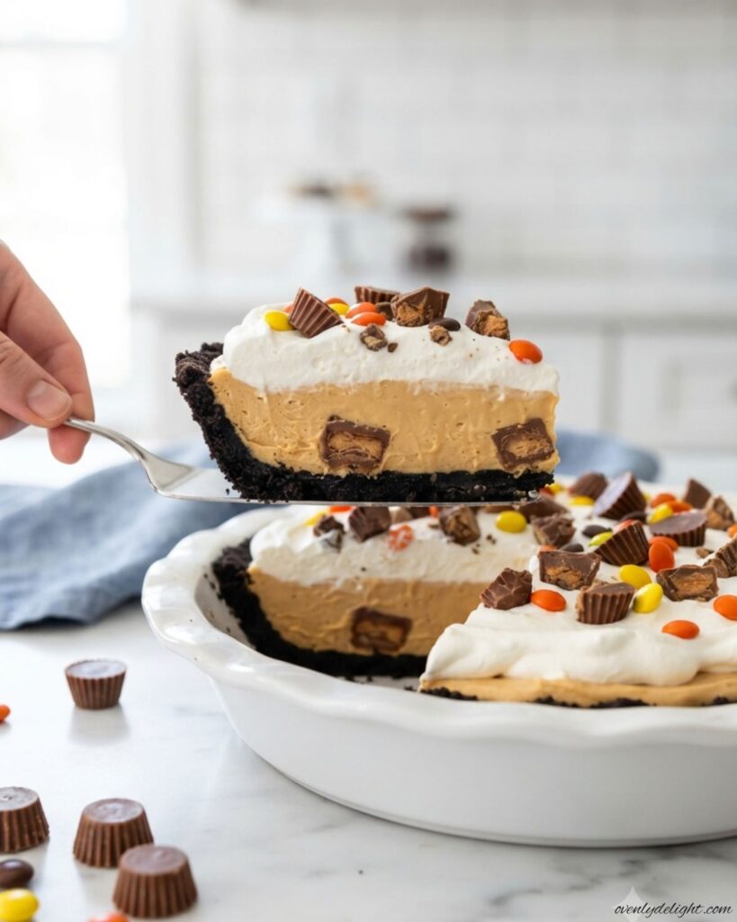 Slice of creamy no-bake peanut butter pie garnished with whipped topping and peanut butter candy pieces.